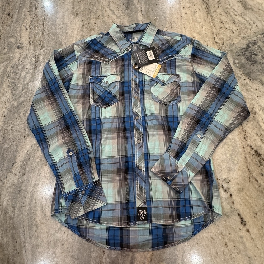 NWT Wrangle Rock 47 Sz Men's Large Snap Down Shirt Plaid Blue Western Rodeo